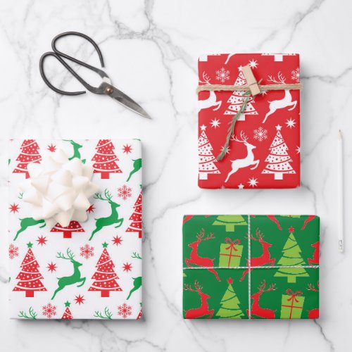 Reindeer and Christmas Trees in Red  Green 3 Wrapping Paper Sheets