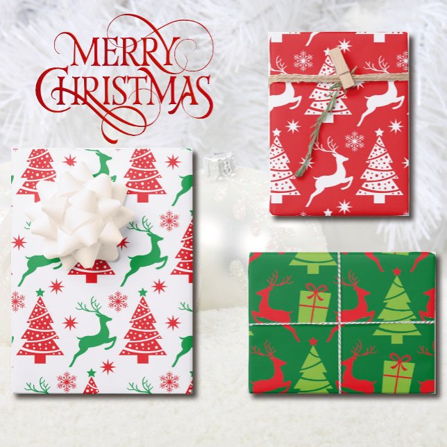 Reindeer and Christmas Trees in Red & Green 3 Wrapping Paper Sheets (Creator Uploaded)