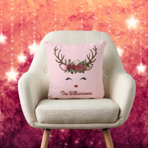 Reindeer and Flowers with Name on Pink Throw Pillow