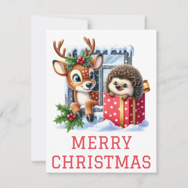Reindeer and Hedgehog Christmas Card (Front)