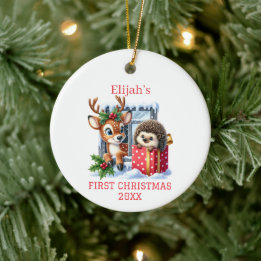 Reindeer and Hedgehog Christmas Ceramic Ornament