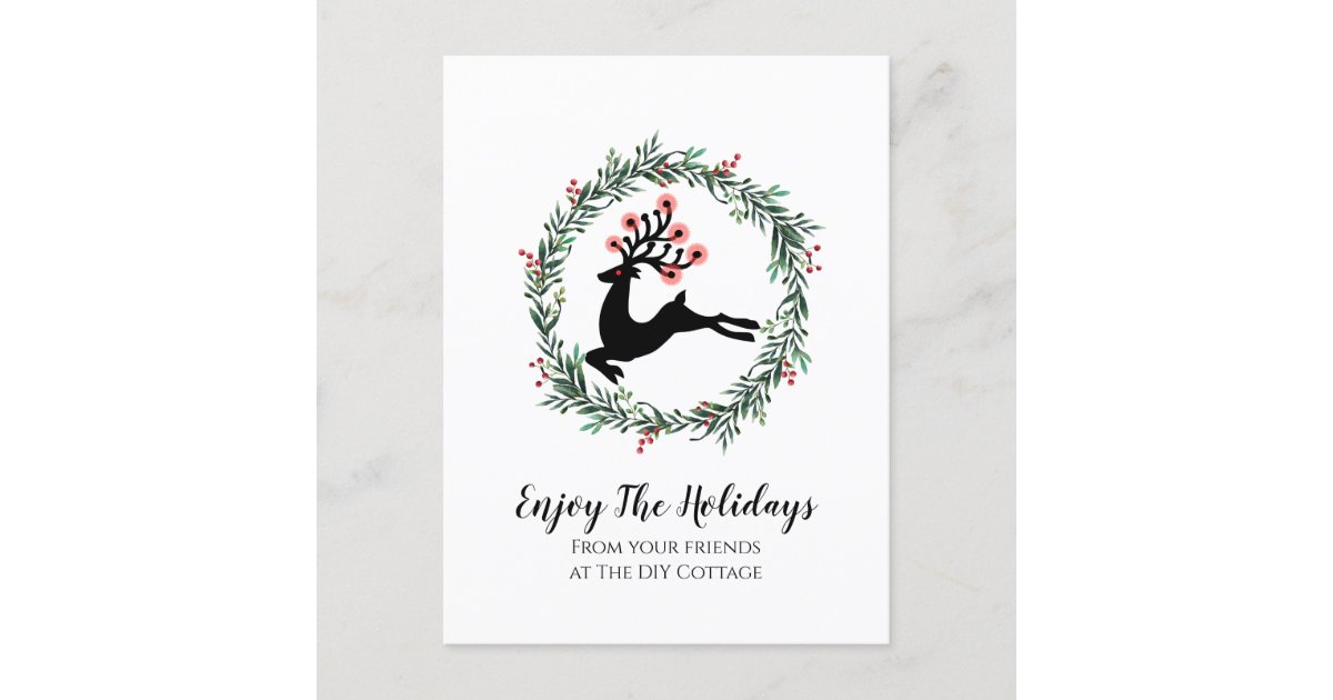 Reindeer And Holly Berry Wreath Business Holiday Postcard | Zazzle