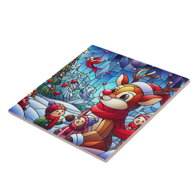 Reindeer and kids in winter joy! ceramic tile (Side)