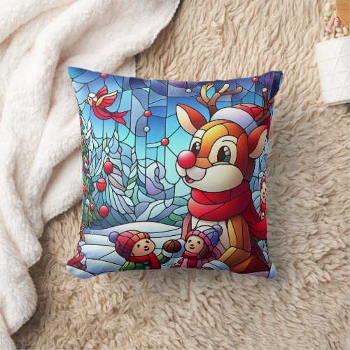 Reindeer and kids in winter joy throw pillow