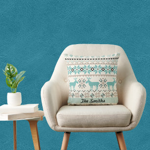 Reindeer and Nordic Snowflake Sweater-like Pattern Throw Pillow