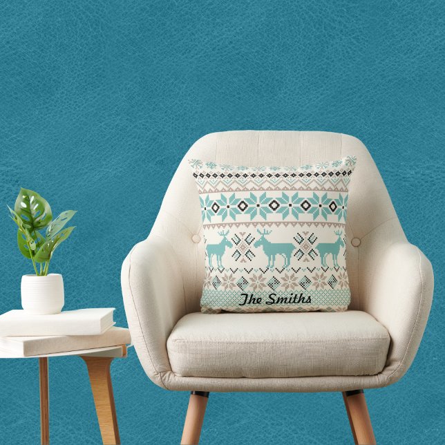 Reindeer and Nordic Snowflake Sweater-like Pattern Throw Pillow (Creator Uploaded)