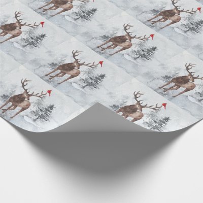 Reindeer and Red Cardinal Bird Snowy Christmas Wrapping Paper