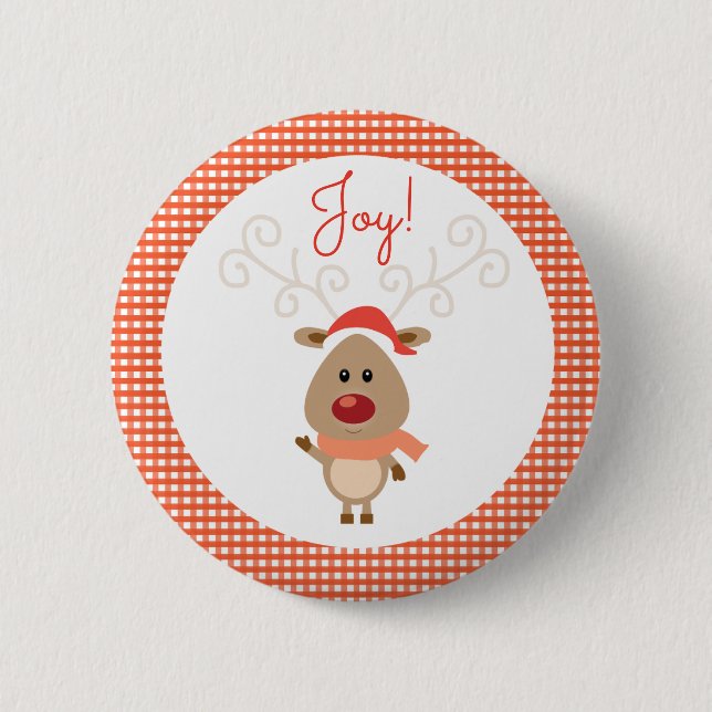 Reindeer and Red Gingham Christmas Pinback Button (Front)