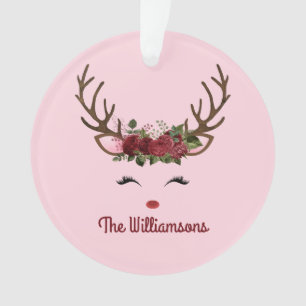 Reindeer and Red Roses on Pink Ornament