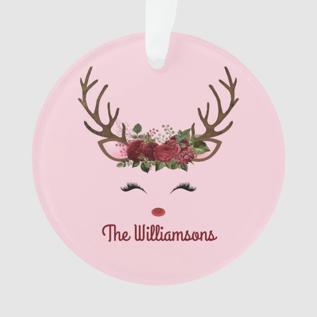 Reindeer and Red Roses on Pink Ornament (Front)