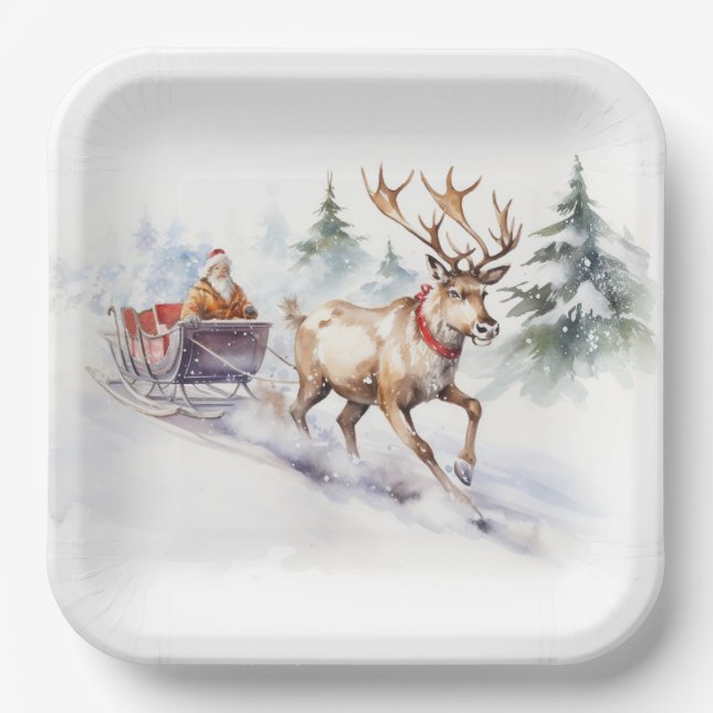 Reindeer And Santa Claus Paper Plates (Front)