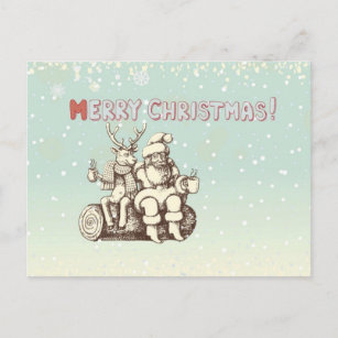 Reindeer and Santa Claus taking a coffee break Holiday Postcard