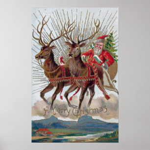 Reindeer and Santa Out For Delivery Poster