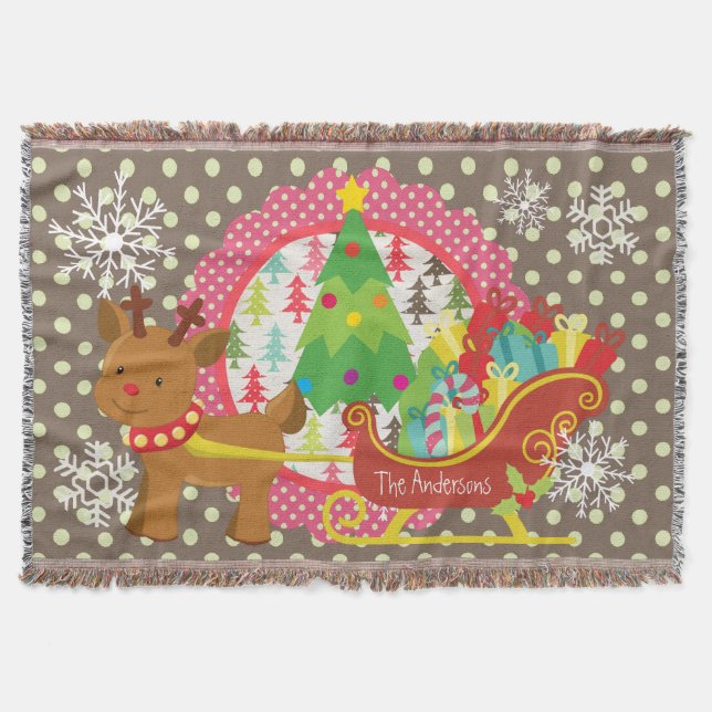 Reindeer and Sleigh Christmas Holiday Throw Blanket (Front)