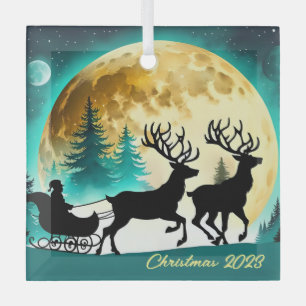 Reindeer and Sleigh full moon Glass Ornament