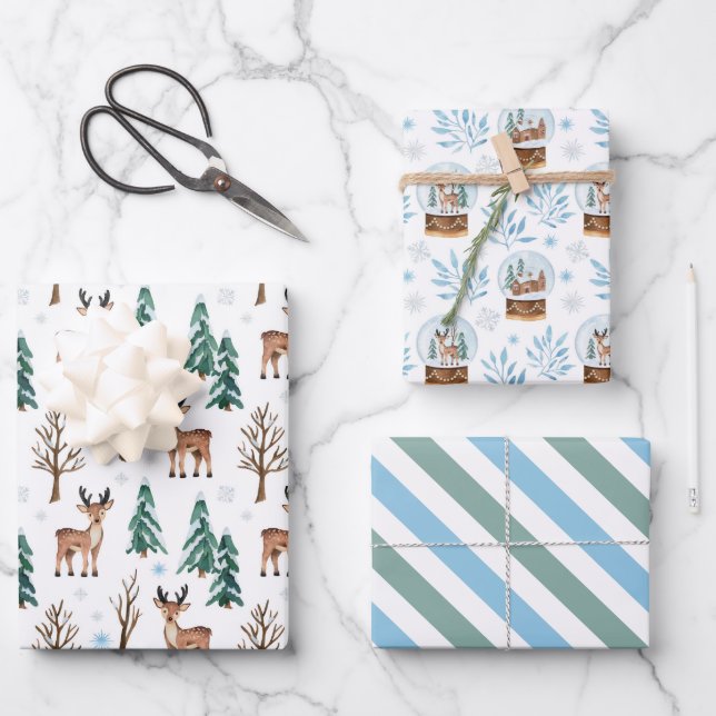 Reindeer and Snow Globes Wrapping Paper Set of 3 (Front)