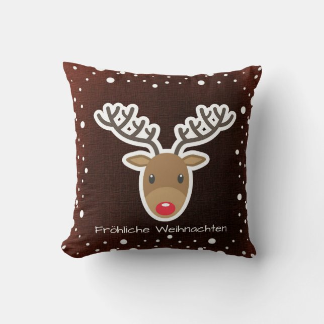 Reindeer And Snow On Red Fröhliche Weihnachten Throw Pillow (Front)