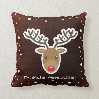 Reindeer And Snow On Red Fröhliche Weihnachten Throw Pillow