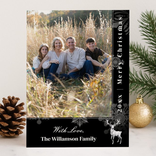 Reindeer and Snowflakes Holiday Photo | Black Card (Black Reindeer and Snowflakes Holiday Photo Card)