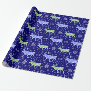 Reindeer and Snowflakes Pattern Blue and Green Wrapping Paper