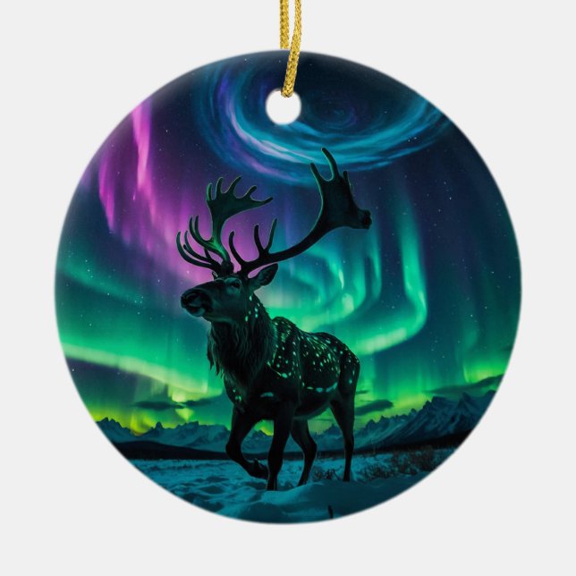 Reindeer and the Northern Lights Wildlife Design Ceramic Ornament (Front)