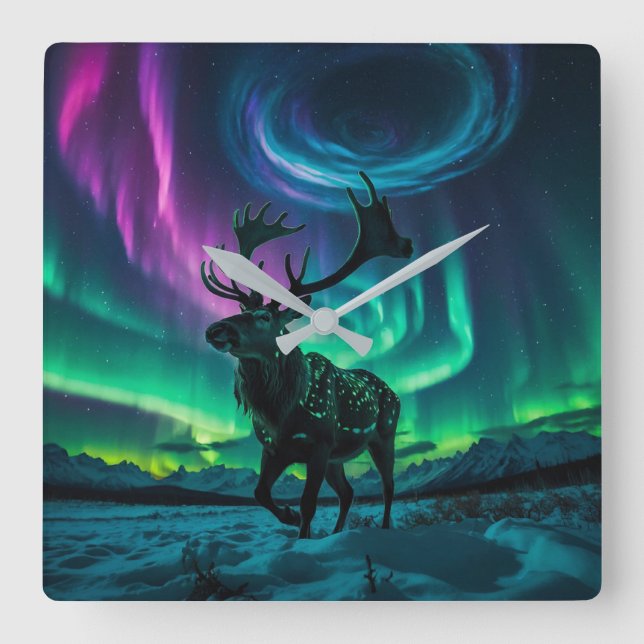 Reindeer and the Northern Lights Wildlife Design Square Wall Clock (Front)