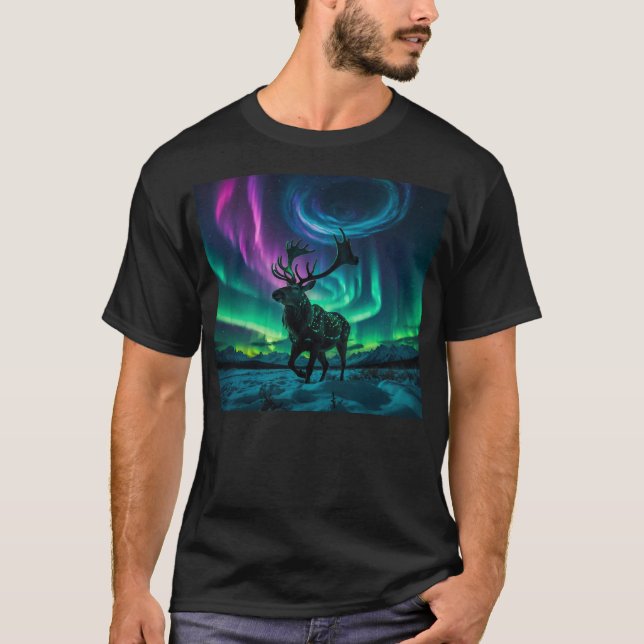 Reindeer and the Northern Lights Wildlife Design T-Shirt (Front)