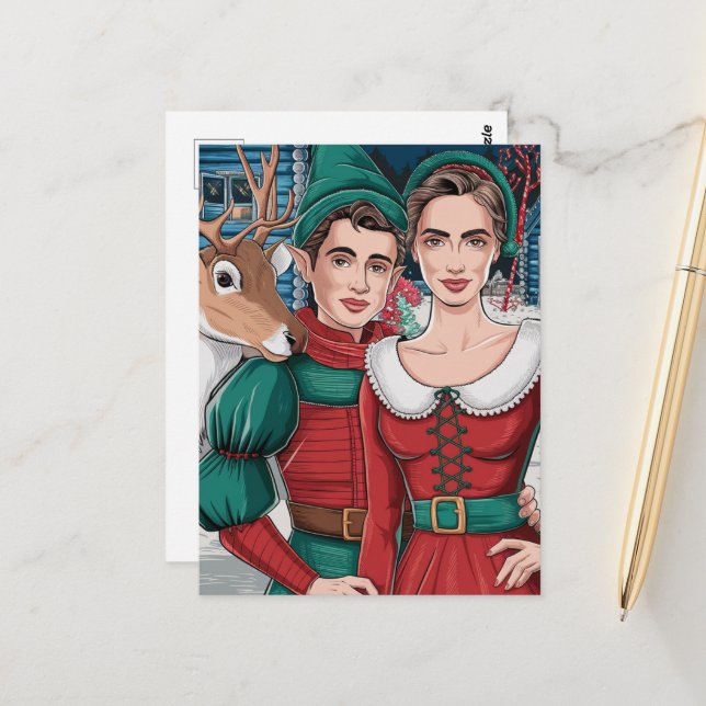 Reindeer and Two Elves Postcard (Front/Back In Situ)