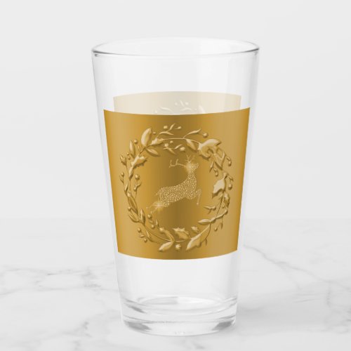 Reindeer and Wreath Gold Christmas Glass