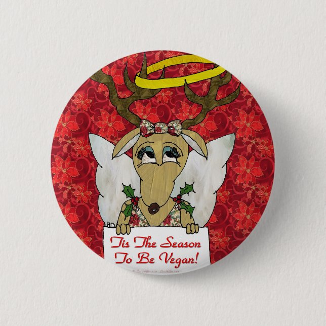 Reindeer Angel Tis The Season to Be Vegan Button (Front)