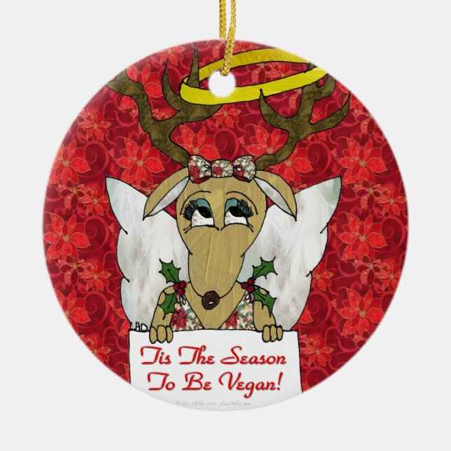 Reindeer Angel Tis The Season to Be Vegan Ceramic Ornament (Front)