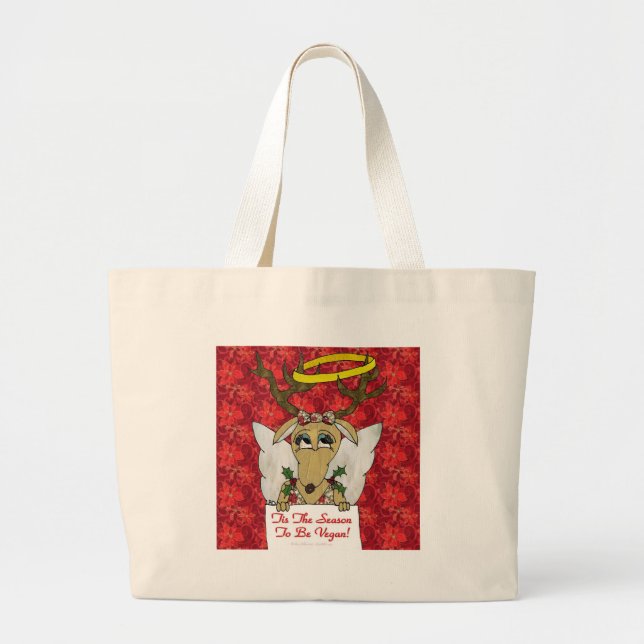 Reindeer Angel Tis The Season to Be Vegan Large Tote Bag (Front)