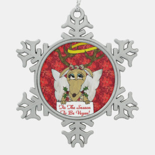 Reindeer Angel Tis The Season to Be Vegan Snowflake Pewter Christmas Ornament