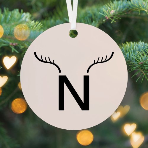 Reindeer Antler  Christmas Monogram Initial Pink Metal Ornament
