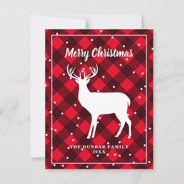 Reindeer antler lumberjack buffalo plaid rustic holiday card (Front)