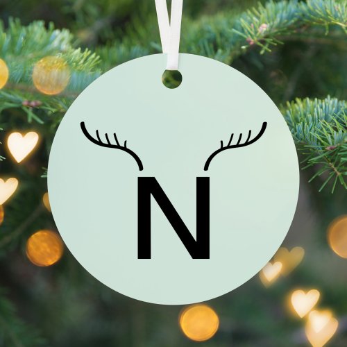 Reindeer Antler  Mint Green Christmas Monogram Metal Ornament