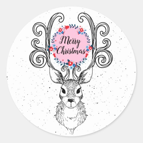 Reindeer Antlers And Floral Wreath Holiday Classic Round Sticker
