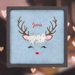 Reindeer Antlers and Roses with Name on Sky Blue Gift Box<br><div class="desc">Type the recipient's name in the Personalized section. This cute design includes reindeer antlers, pink ears, eyelashes, and button mouth, adorned with white roses for a festive and sweet holiday look. It's customized with the name of the recipient, or you can type a Christmas greeting instead, like "Merry Christmas" or...</div>