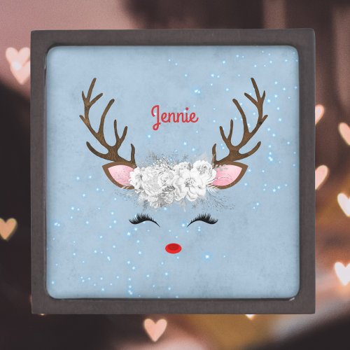 Reindeer Antlers and Roses with Name on Sky Blue Gift Box