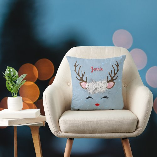 Reindeer Antlers and Roses with Name on Sky Blue Throw Pillow