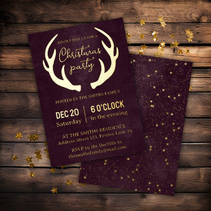 Reindeer Antlers Modern Burgundy Christmas Party Foil Invitation