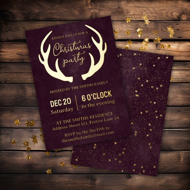 Reindeer Antlers Modern Burgundy Christmas Party  Foil Invitation (Creator Uploaded)