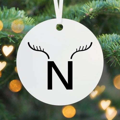 Reindeer Antlers Modern Initial Christmas Monogram Metal Ornament