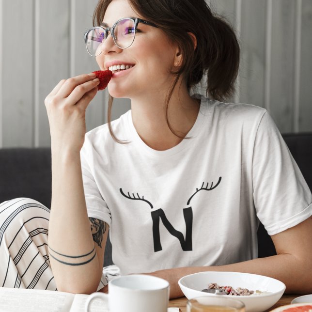 Reindeer Antlers Modern Initial Christmas Monogram T-Shirt (Creator Uploaded)