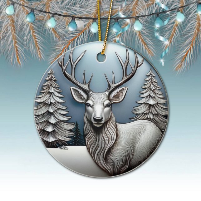 Reindeer Antlers, Trees, Snow Scene, Deer 🦌🎄 Ceramic Ornament (Elegant Silver Reindeer Decor, Deer Antlers Decoration,  Winter Trees Scene Ornament Front/Back 🦌🎄)