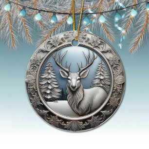 Reindeer Antlers, Trees, Unique Silver Deer 🦌🎄 Ceramic Ornament
