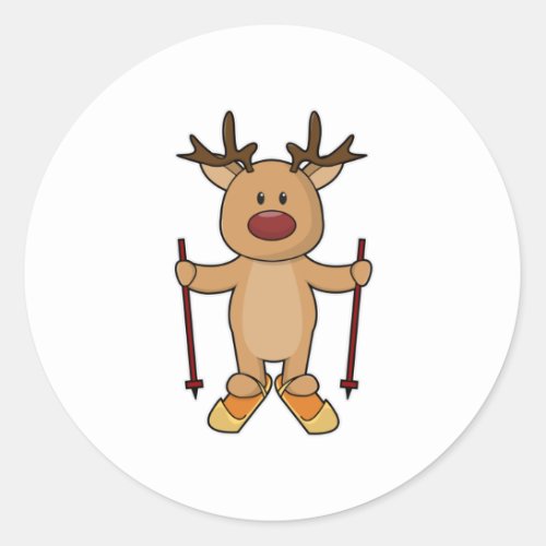 Reindeer as Skier with Skis  Ski poles Classic Round Sticker