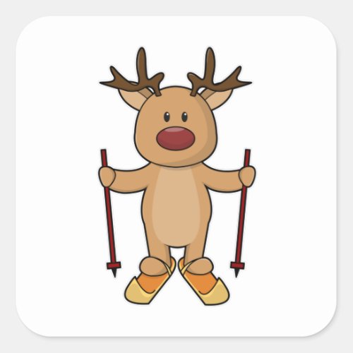 Reindeer as Skier with Skis  Ski poles Square Sticker