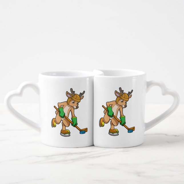 Reindeer at Ice hockey with Hockey stick Coffee Mug Set (Front Nesting)