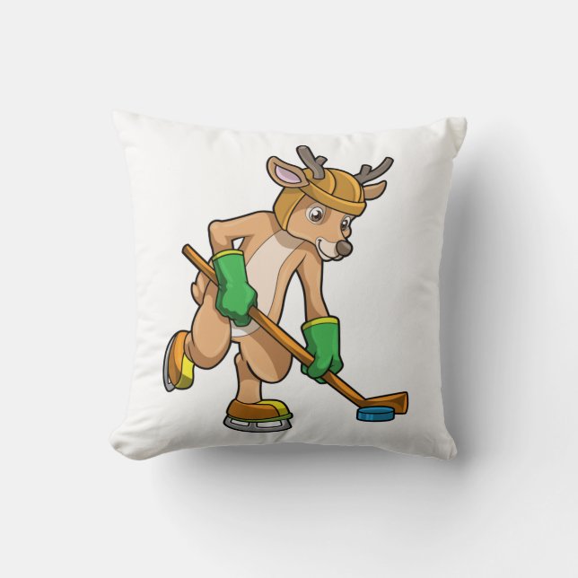 Reindeer at Ice hockey with Hockey stick Throw Pillow (Front)